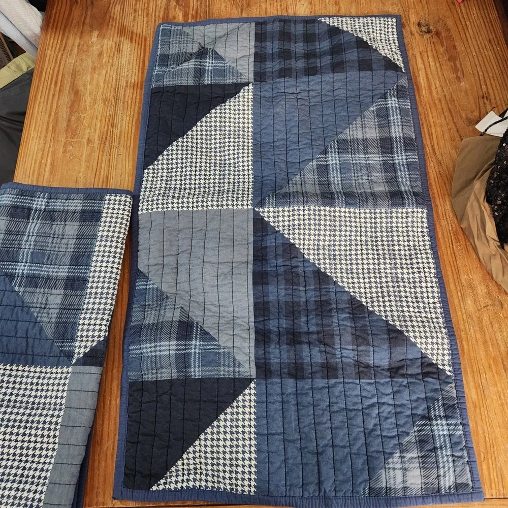 Set Two Blue Plaid Standard Pillow Shams 100% Cotton Quilted Patchwork Farmhouse